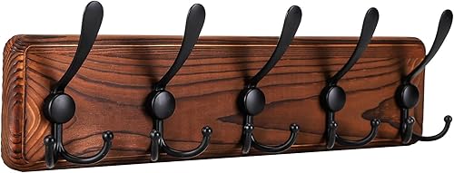 Kruodop Perchero grande de montaje en pared con 5 ganchos de metal negro triple - ganchos de madera de pino marrón para colgar ganchos de pared para