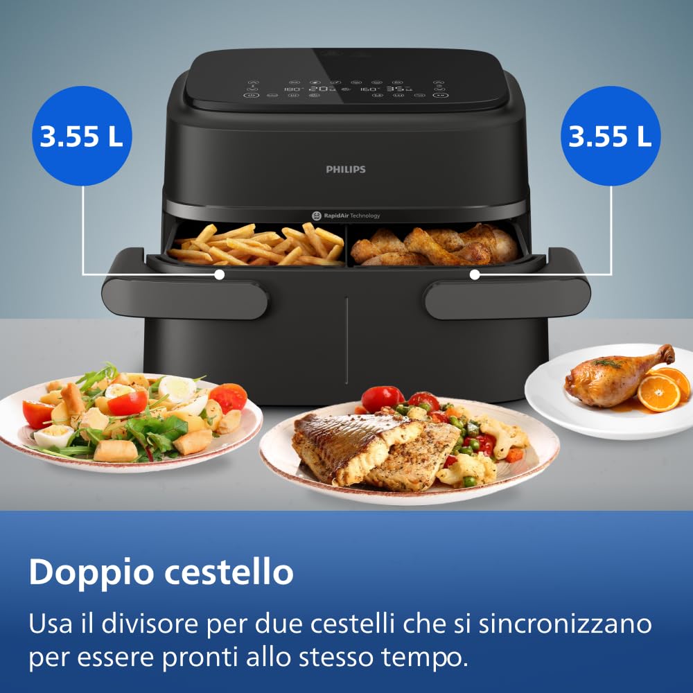 Philips Airfryer Serie 1000, Friggitrice ad aria con singolo/doppio cestello flexi da 7.1L e separatore, doppia resistenza e termostasti separati, RapidAir, 10 modalità, compatto, HomeID (NA154/00)