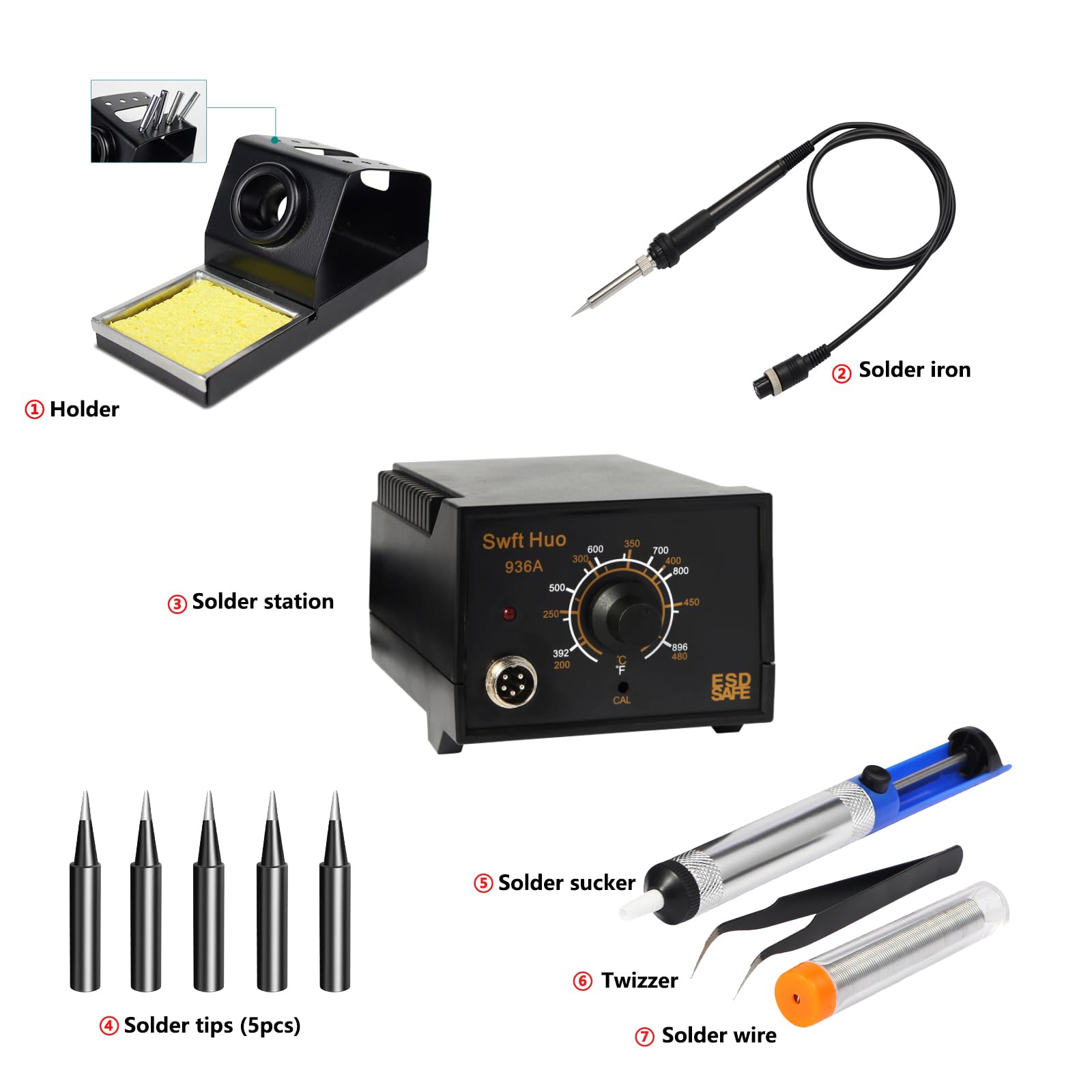 Stazione Saldante 936A 60W 5 Punte Rtonde Kit Saldatura Elettronica Nero