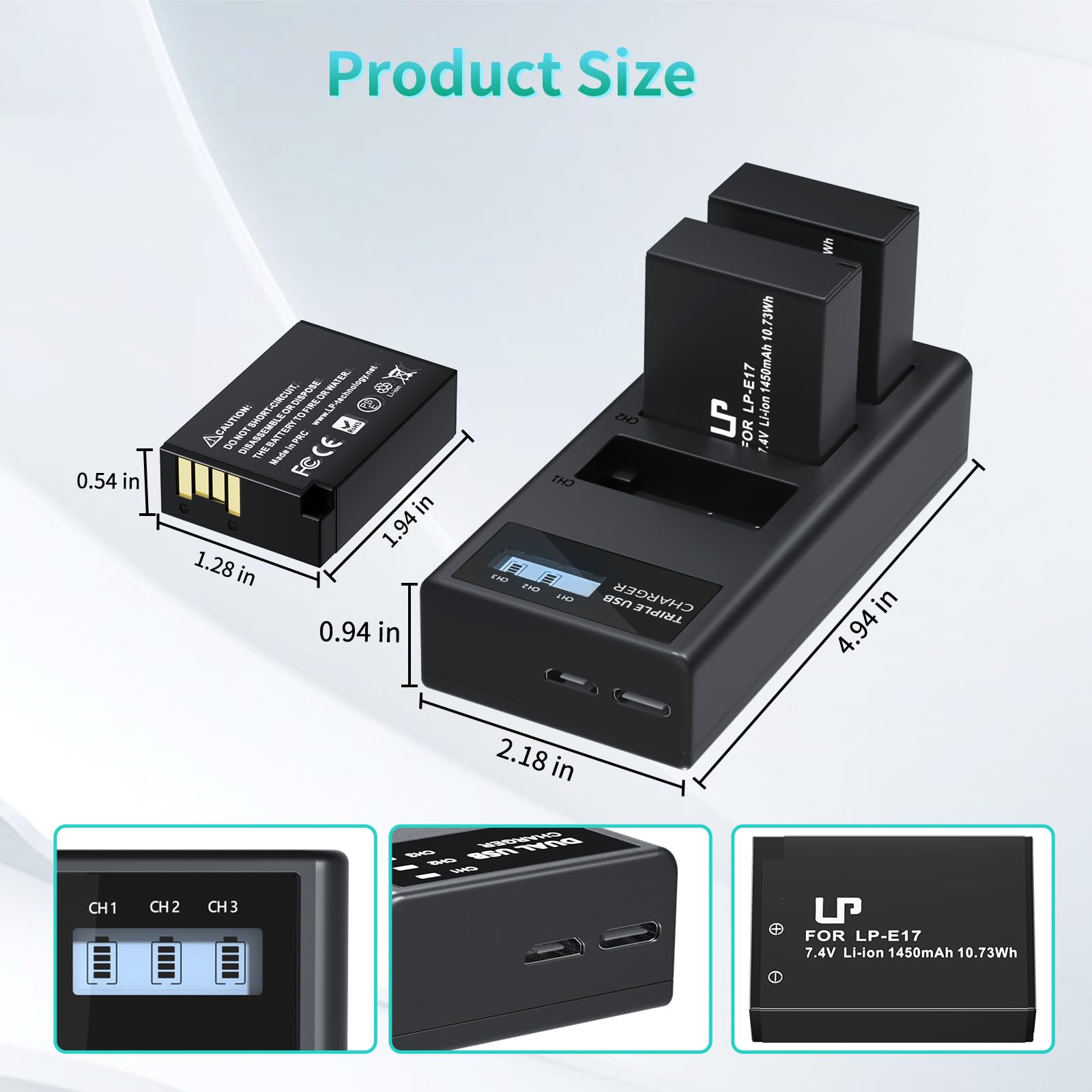 LP LP-E17 Batteria e Caricabatterie 3-Pack 1450mAh Batteria Tripla Slot Charger