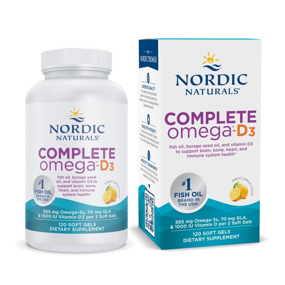 Nordic Naturals Complete Omega-D3, Lemon Flavor - 120 Soft Gels - 565 mg Omega-3 + 70 mg GLA + 1000 IU Vitamin D3 - EPA & DHA - Healthy Skin, Cognition, Positive Mood - Non-GMO - 60 Servings