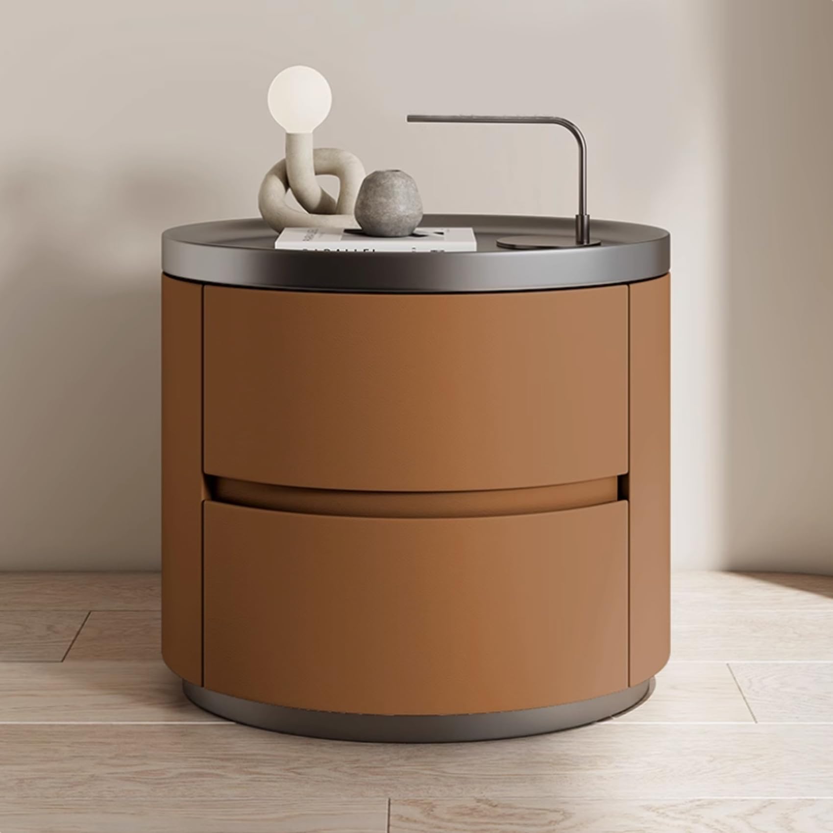 Table de chevet moderne et minimaliste en bois avec 2 tiroirs Table de chevet ronde en cuir microfibre pour chambre à coucher et salon Solutions de rangement