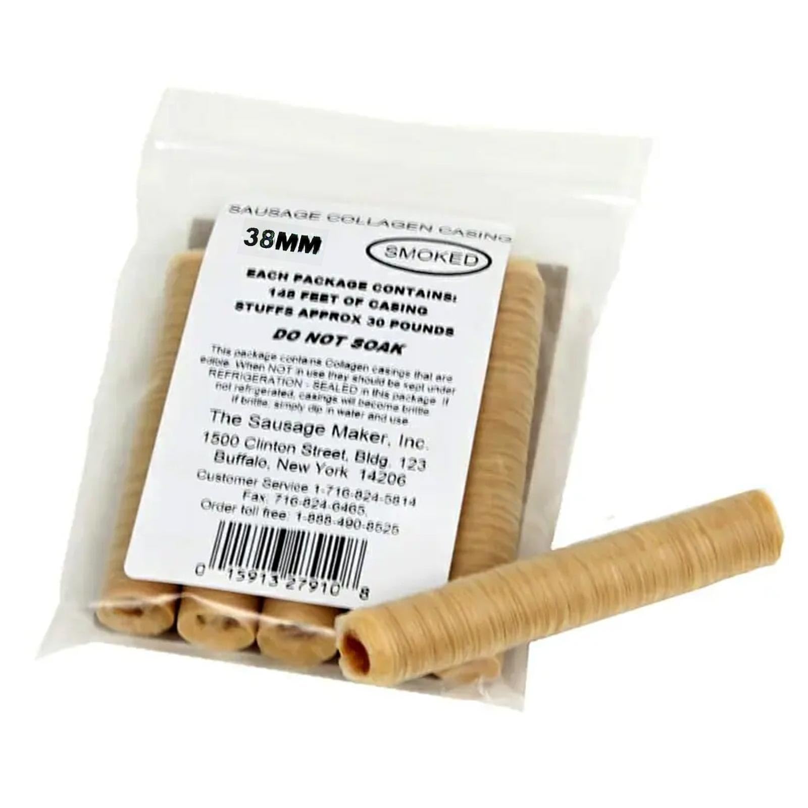 The Sausage Maker® 38mm Collagen Casings For Sausage Making, Edible, Clear, Smoked Beef Collagen Sticks, 1.5” Diameter Kielbasa, Liver Sausage, 74 Feet Sausage Skin, Stuff Approximately 60 Lbs Meat