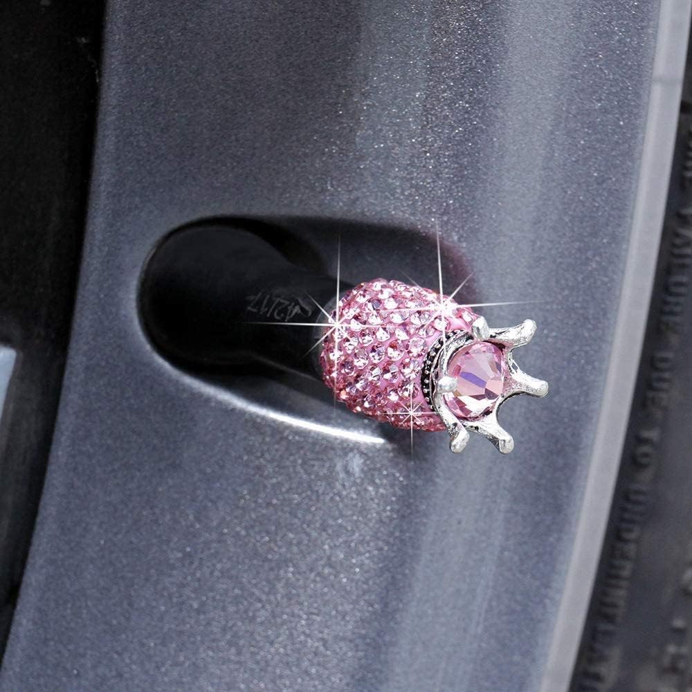 4 Pcs Bling Pink Crown Valve Stem Caps - Crystal Rhinestone Chrome Dustproof Universal Car Tire Valve Caps with 1 Piece Ring Emblem Engine Start Sticker