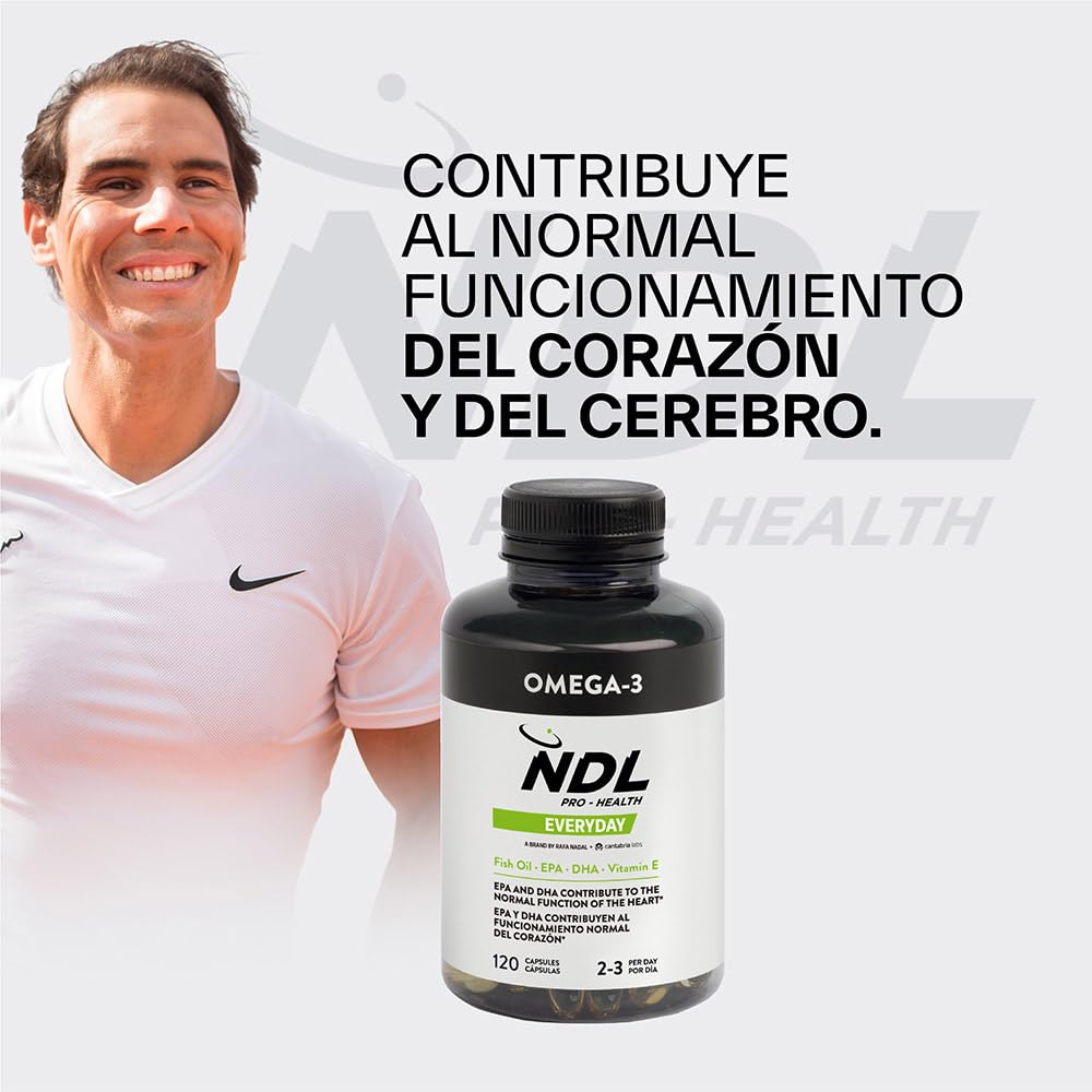 NDL Pro-Health Omega 3 Alta Concentración EPA y DHA | Aceite de Pescado puro y sostenible | Vitamina E | Antioxidante y antiinflamatorio | 120 Capsulas | Una marca de Rafa Nadal & Cantabria Labs