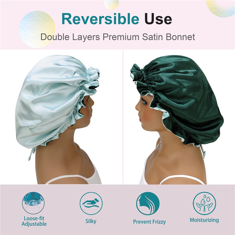 Adjustable Silk Satin Bonnet Hair Care Caps for Women Girls Loose-fitting Reversible Sleeping Cap Shower Caps Hair Wrap Bonnets (007 Aqua/Hunter) - Image 2