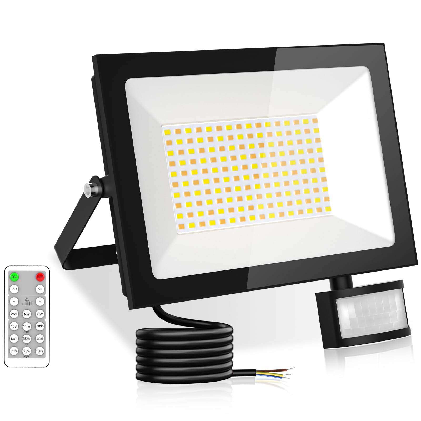 Sararoom Zewnętrzna lampa LED 100 W, czujnik ruchu, 10000 lm, zewnętrzna lampa punktowa LED z 3 regulowanymi kolorami, wodoszczelność IP65, pilot zdalnego sterowania, do garażu, magazynu, podwórza