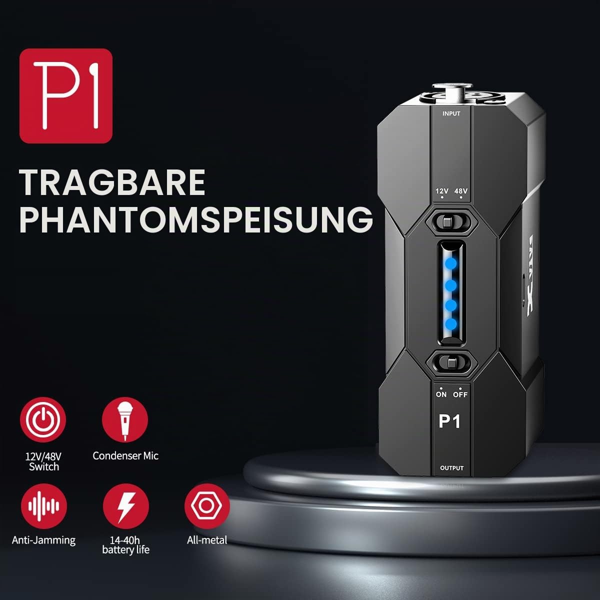 Xvive P1 Phantomspeisung, tragbar, wiederaufladbar, Phantom, 48 V/12 V, Stromversorgung für Kondensator-Mikrofon, Box und Aufnahmeausrüstung