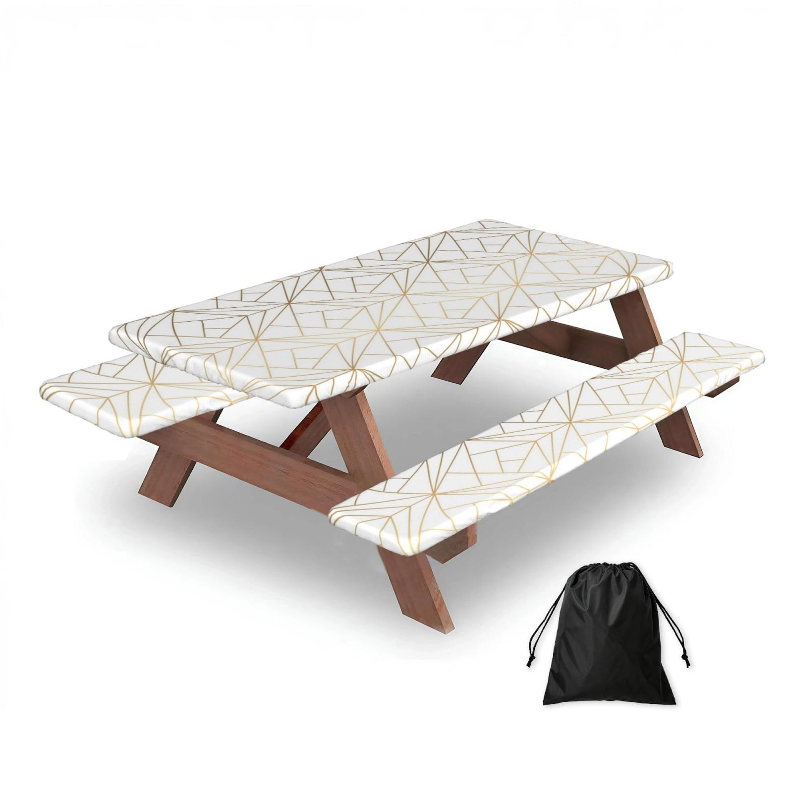 Dopklna As Picture Geometric Gold Pattern With White Shimmer, Picnic Table Cover With Bench Covers -Waterproof Elastic Fitted Tablecloth For Garden Camping Patio 76X152cm