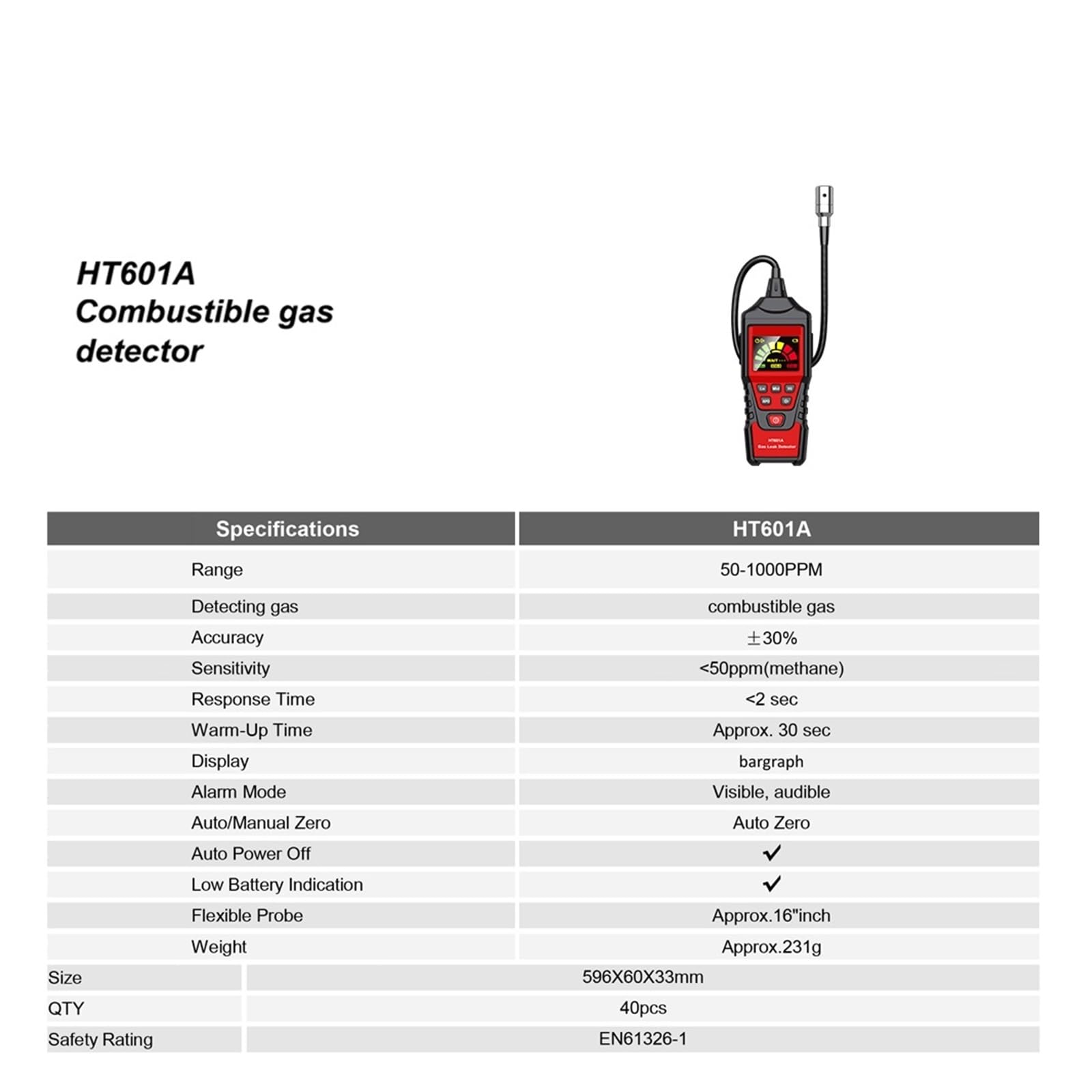 Gasdetektor, HT601A Erdgas-Lecksuchgerät, 50-1000 ppm, Ton- und Bildschirmalarm, brennbares, entflammbares Methangas-Lecksuchgerät
