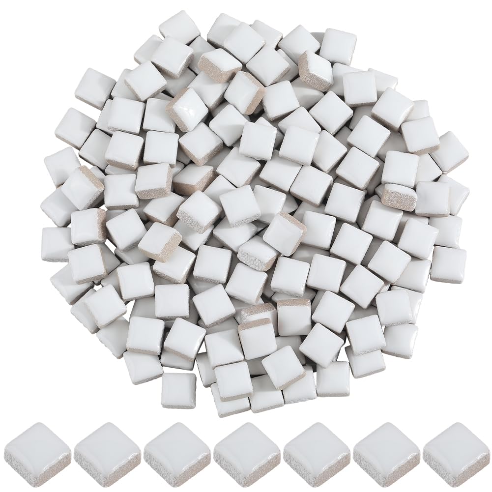 1 Box 200G White Mosaic Pieces Square Ceramic Mosaic Tiles Small 1cm Opaque Porcelain Craft Glazed Stained Cabochons Mosaic Project for Handmade Mosaic Art Crafts Home Bathroom DIY Decoration