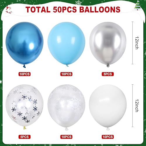 Miniatura 2 de Paquete de 50 globos de confeti de copo de nieve de 12 pulgadas, azul y blanco, globos cromados plateados y azules para fiesta de cumpleaños, fiesta