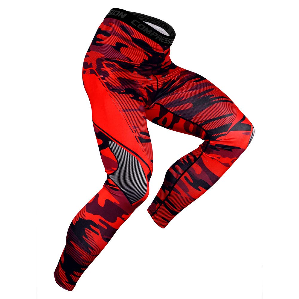 OEBLD Compression Pants Men UV Blocking Running Tights 1 or 2 Pack Gym Yoga Leggings for Athletic Workout, Red Camo Pants, Large