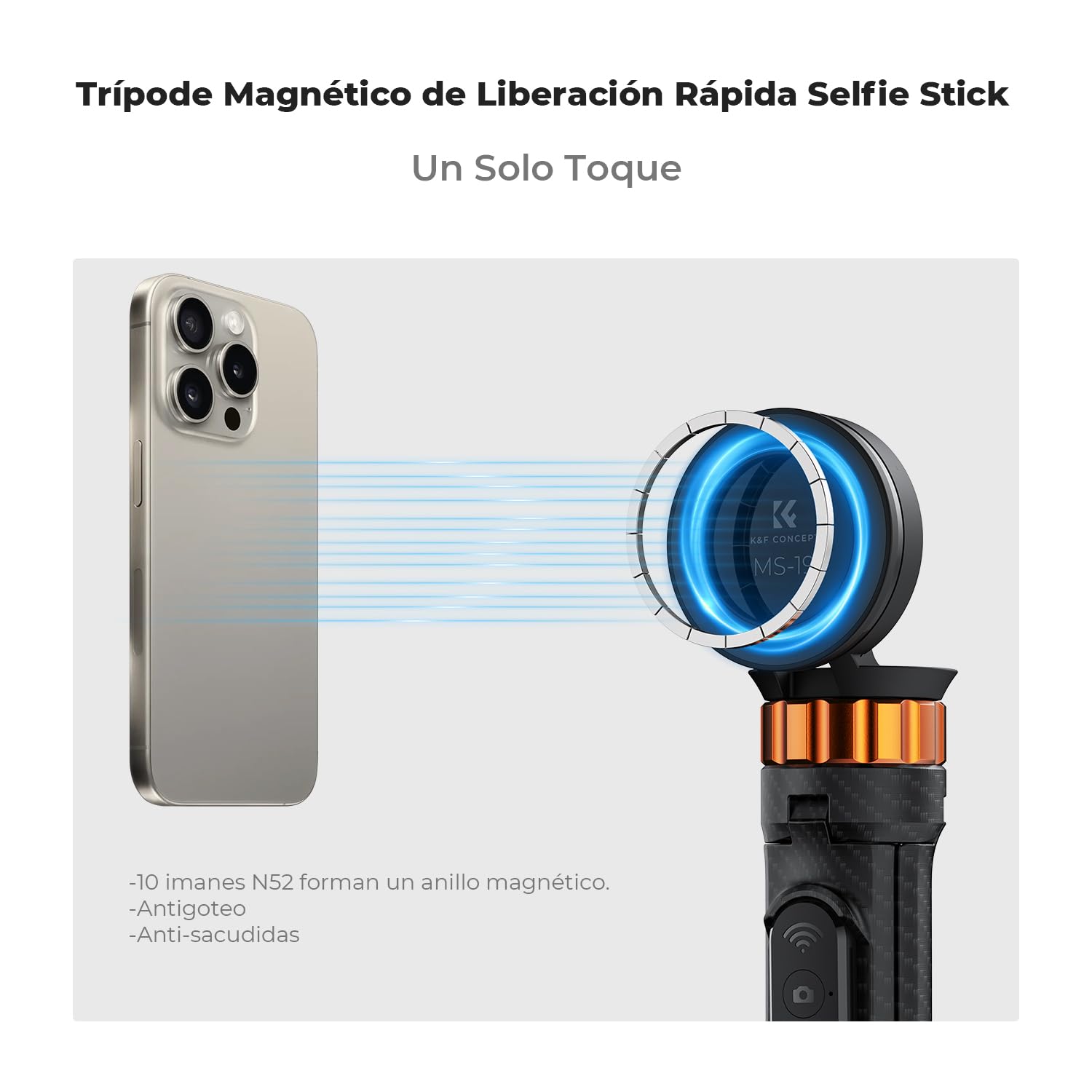 K&F CONCEPT MS19 Palo Selfie Trípode Magnético 162CM Móvil con Mando a Distancia Desmontable para Smartphone, Mini Trípode, Compatible con iPhone 17/16/15/14/13/12, con Anillo Magnético