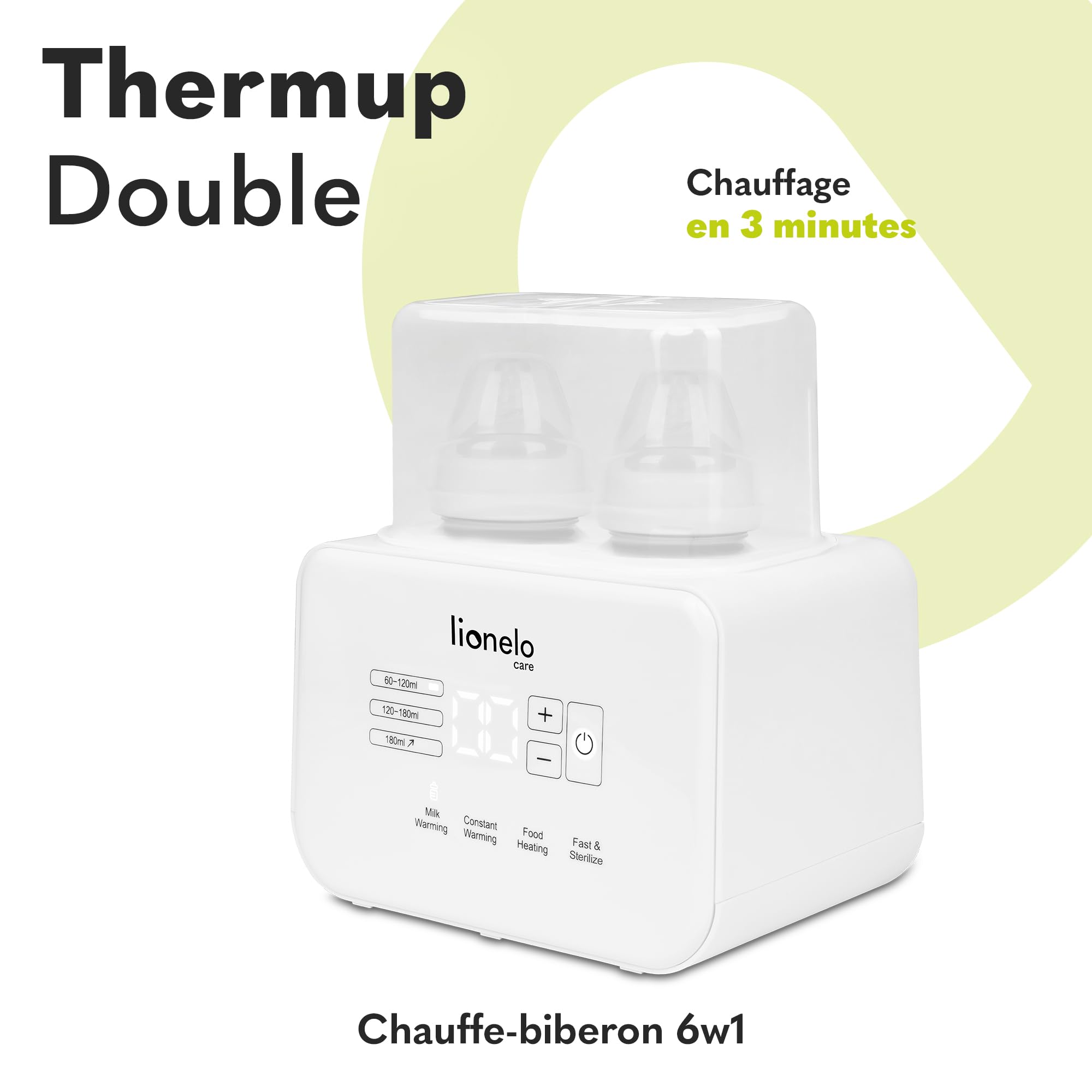 Lionelo Thermup Double Chauffe-Biberon 6 en 1, Chauffage Rapide dès 3 min | 2 biberons à la fois, stérilise, décongèle, garde au chaud 24 h, jusqu’à 100 °C, écran tactile lumineux, silencieux, Blanc