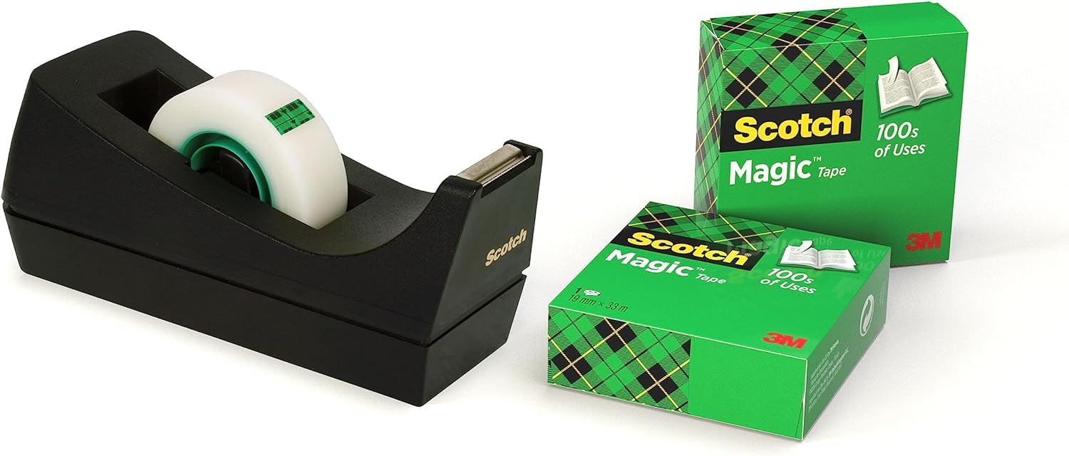 Scotch Tischabroller schwarz – Klebebandabroller inkl. 3 Rollen Scotch Magic transparentes Klebeband (19 mm x 33 m) – Funktional und benutzerfreundlich