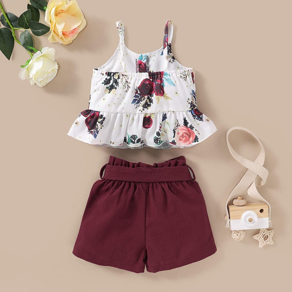 Toddler Kid Baby Girl Floral Clothes Ruffled Halter Crop Tops + Bowknot Shorts Summer Outfit Set Wine Red