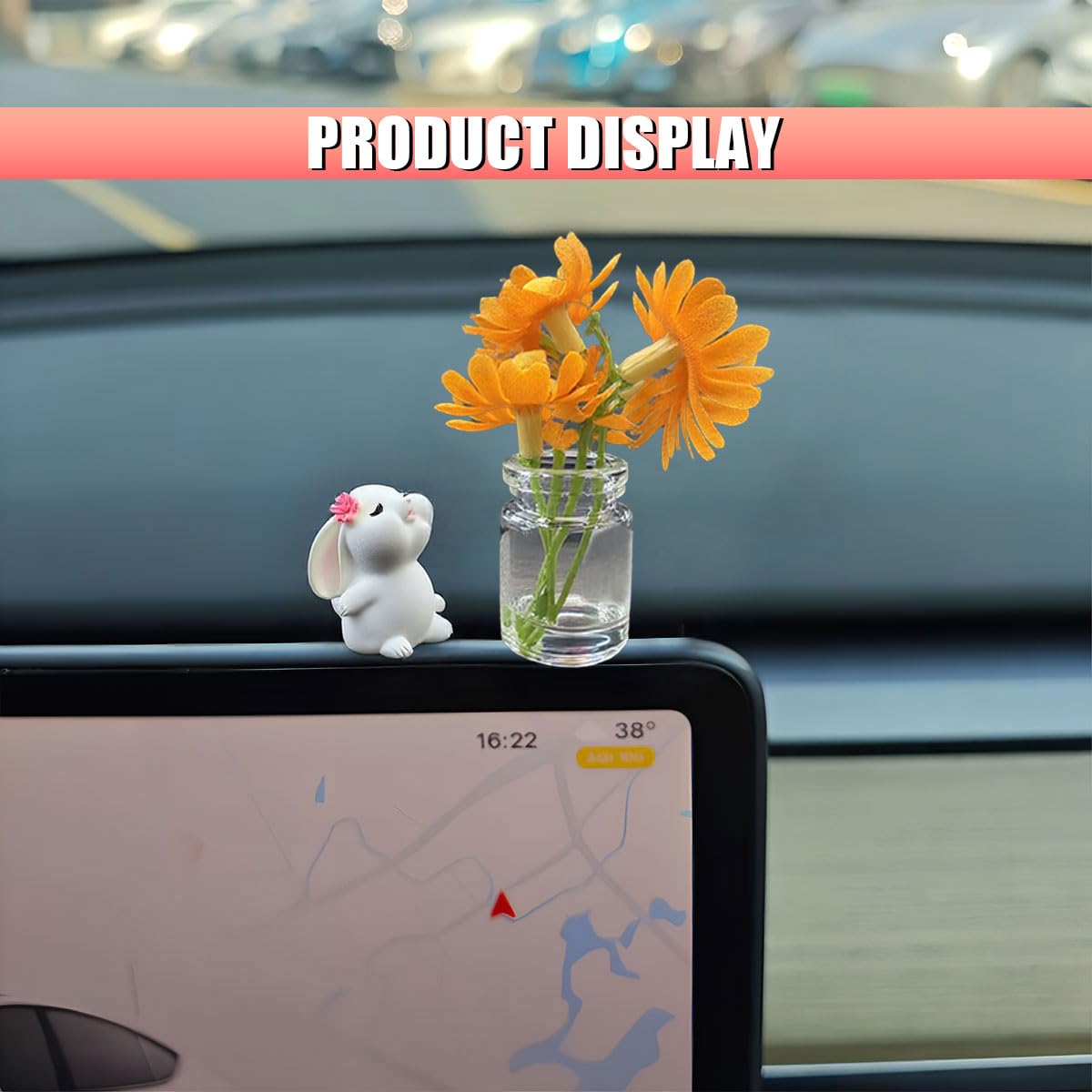 Cute Rabbit Car Dashboard Decorations Funny Bunny Rear View Mirror Accessories with Daisy Flower Aesthetic Decorations Interior Ornament — view 6