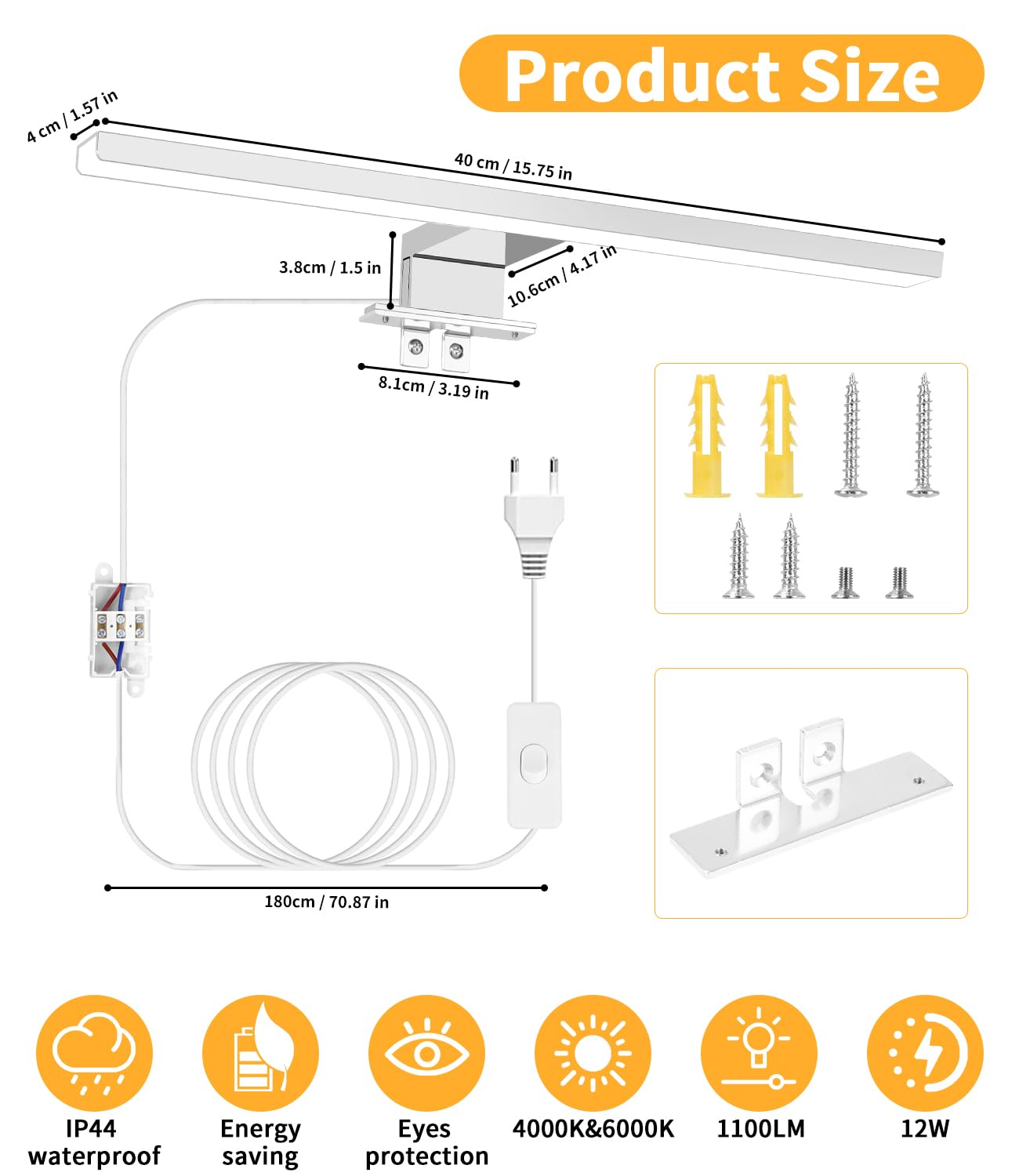 Lampe Miroir Salle de Bain Moderne à LED, 4000K 6000K Température Bicolore, 40cm 12W IP44 Applique Murale Salle Bain en Aluminium avec Interrupteur Câblage, Applique Maquillage Eclairage