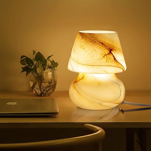 Coosa Mushroom Lamp, Stepless Dimmable Glass Bedside Table Lamp,Desert Swirl Small Nightstand Desk lamp for Home Decor, Study, Living, Bedroom, Gift(Warm Light Bulb Included)