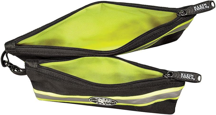 Klein Tools 55599 Zipper Bags, High Visibility Tool Pouches, Heavy-Duty 1680d Ballistic Weave, Black, Reflective Gray, Green Accents, 2-Pack