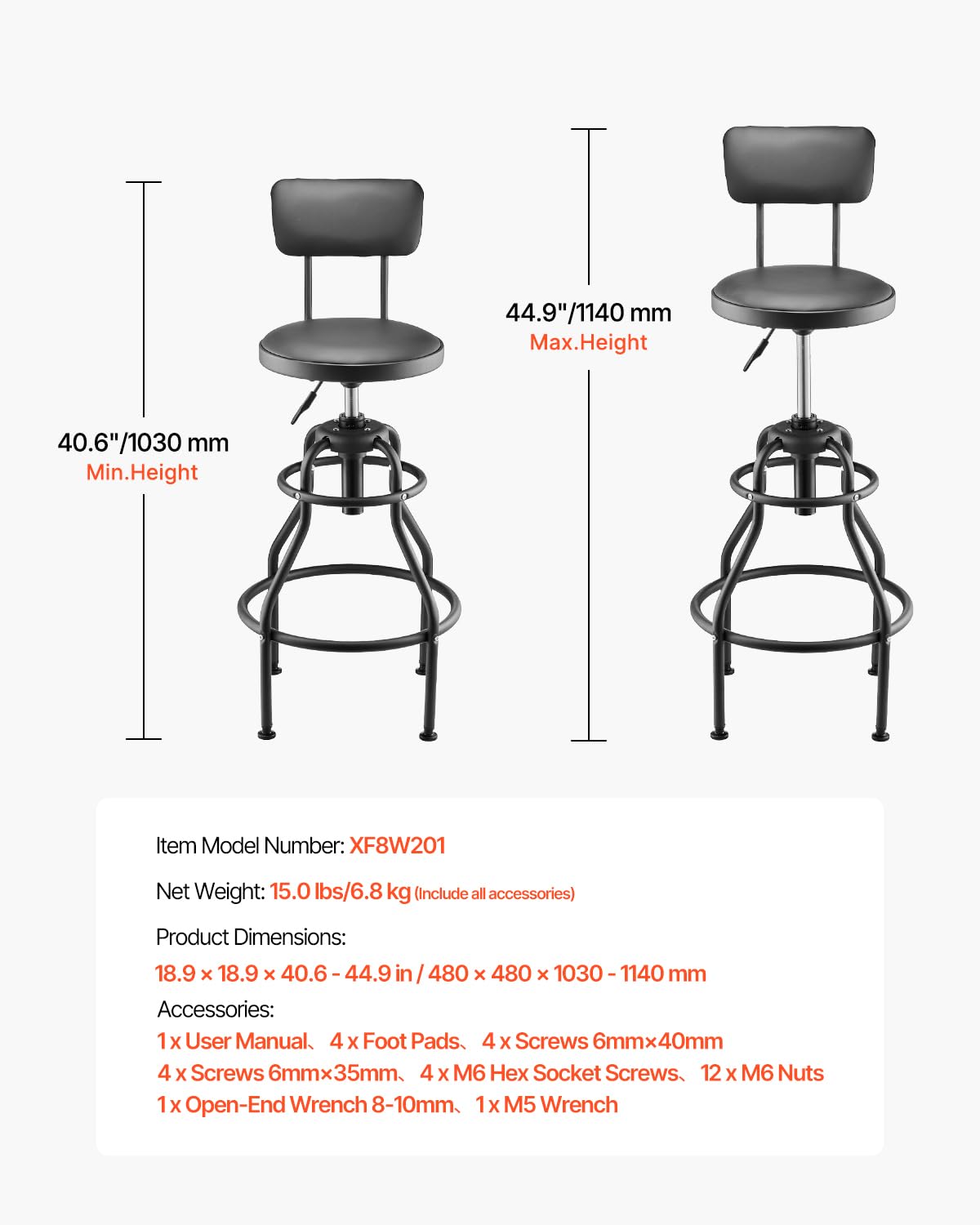 VEVOR Taburete de Taller con Respaldo Asiento de Garaje Carga de 136 kg Taburete de Trabajo Altura Ajustable 103-114 cm Giratorio de 360° para Garaje, Taller, Reparación de Automóviles, Negro
