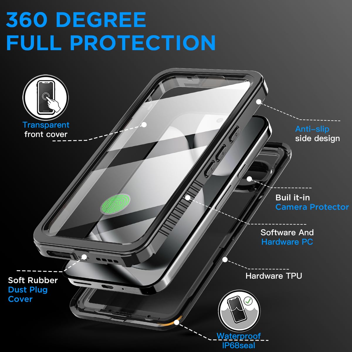 AICase Per Google Pixel 10 Pro, custodia impermeabile a 360 gradi, protezione completa per esterni, protezione completa IP68, protezione subacquea per Google Pixel 10 Pro 2025