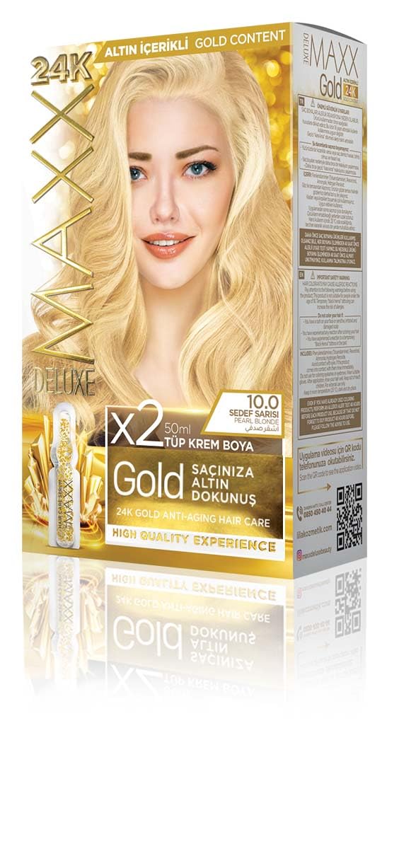 MAXX DELUXE Gold serisi 24K Altın Parçacıklı Serum ile 1 Kutu 2 x 50 ml ve Geliştiriciler Saç Boyası (SEDEF SARISI 10.0)