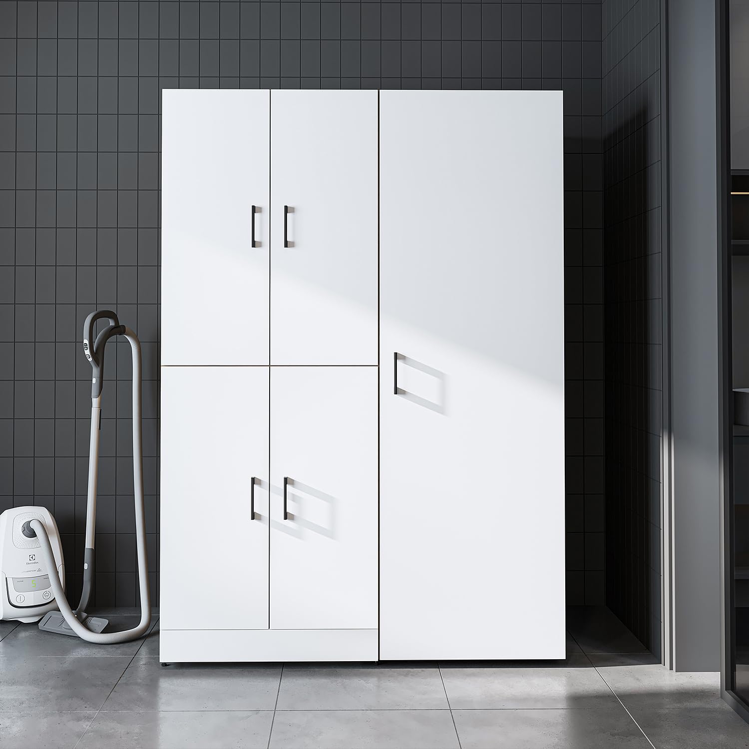 ROOMART Armoire de machine à laver Dora-II - Tour de lavage de 130 cm de large pour machine à laver et sèche-linge (chêne blanc, sans armoire de rangement : 187 x 130 x 73,8 cm)