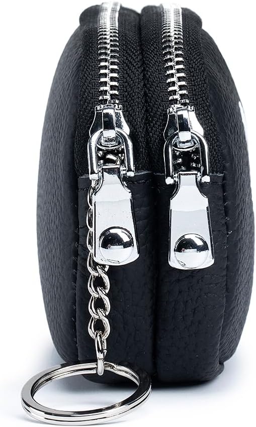 Genuine Leather Coin Purse for Women Double Zipper Mini Wallet with Keychain Small Pouch with Key Ring Cute Eyes Design (Black)