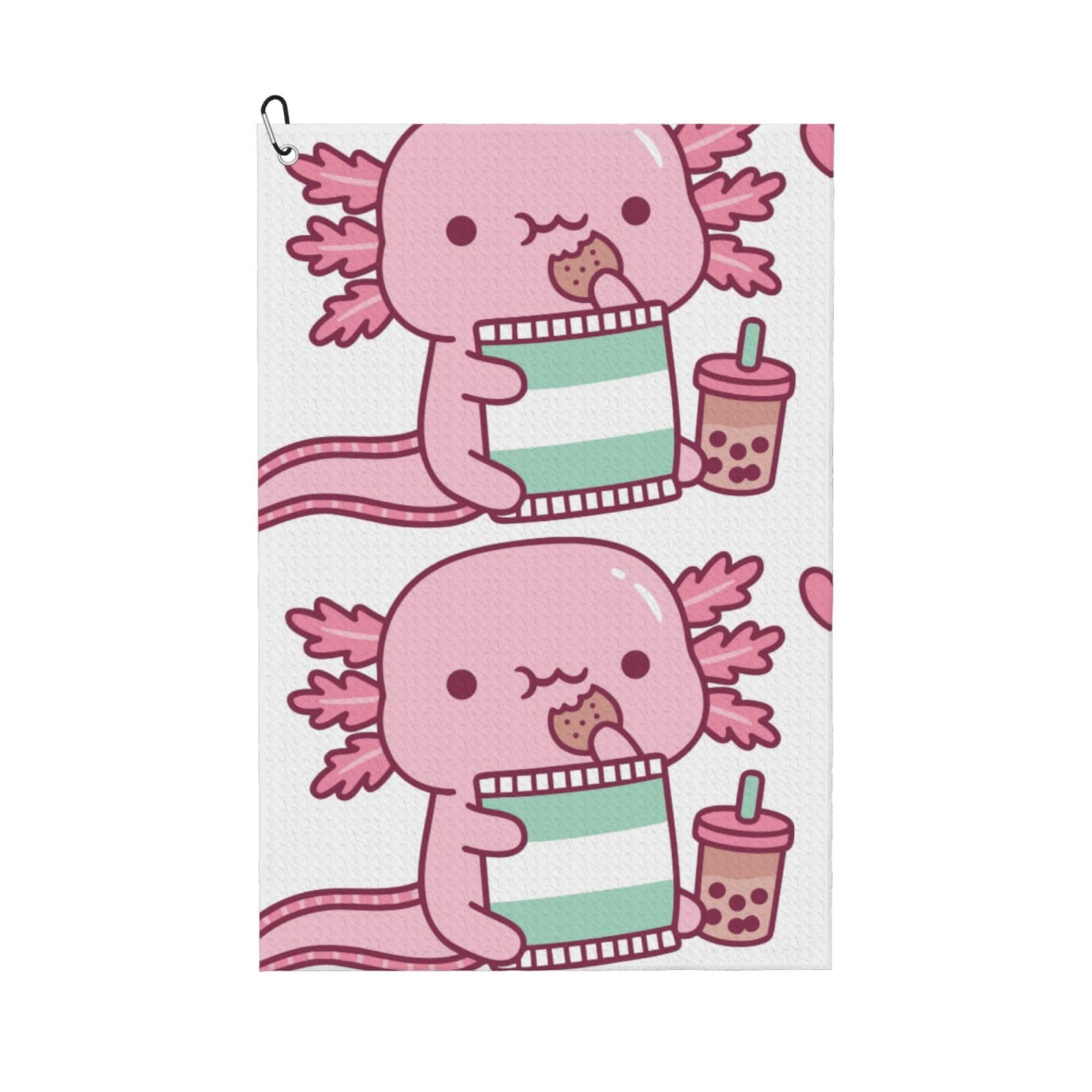 peiyeety Pink Axolotl Enjoying Potato Chips Microfiber Golf Towel with Carabiner Clip, 16x24 Inch Absorbent Waffle Weave Towel for Golf Bags