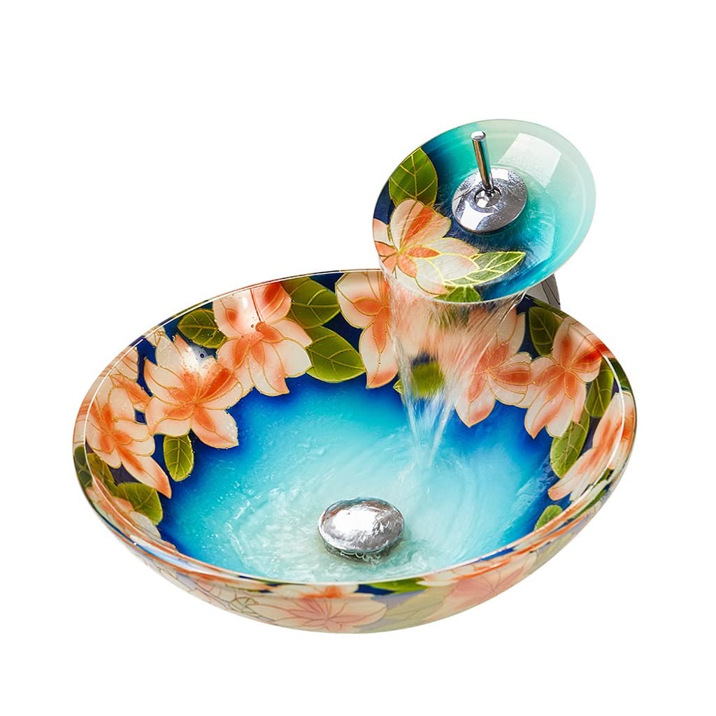 ADERFETBI Bathroom Sink Bathroom Vessel Sink Round Countertop Bowl Modern Art Simple Tempered Glass(Sink set)