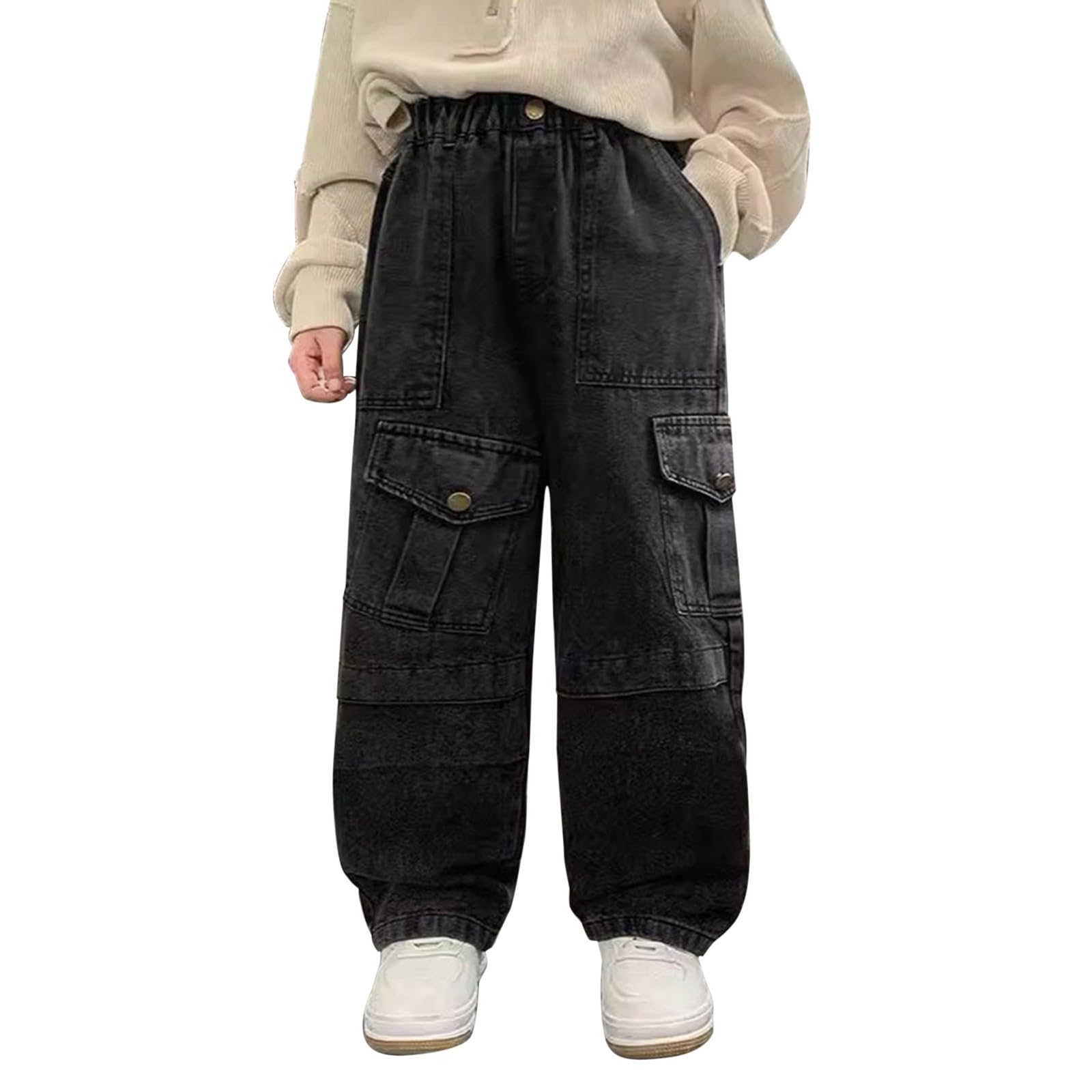 Boys Elastic Waist Active Jeans Baggy Straight Pull on Cowboy Sweatpants Distressed Denim Pants (Black, 12-13 Years)
