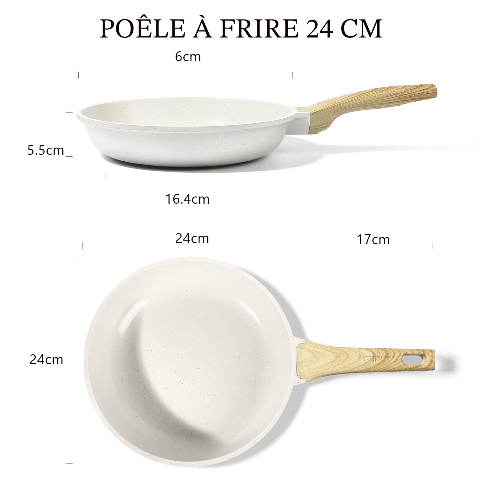 GiPP Poêle à Frire Antiadhésive en Granit – Poêle Saine et Non Toxique, Compatible Induction, Sans PFAS ni PFOA, Passe au Lave-Vaisselle, Manche Reste Froid(Blanc,24cm)