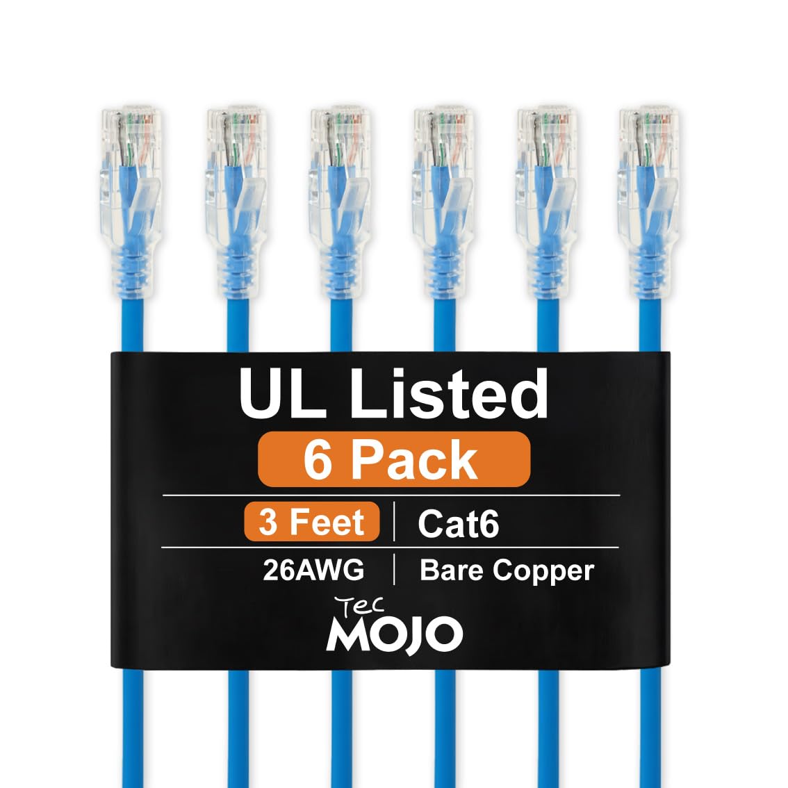Tecmojo Lot de 6 câbles de raccordement Ethernet Cat6 de 0,9 m, conducteurs 100 % cuivre pur, 26 AWG, câble réseau Cat6, sans accroc pour routeur, modem, Xbox, ordinateur portable, serveurs, bleu