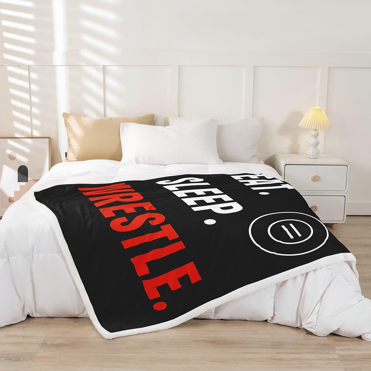 Wrestling Sports Flannel Blanket,Eat Sleep Wrestle Themed Fuzzy Blanket for Children Present,Wrestle Rodeo Black Red Polyester Throw Blanket for Couch, Twin Size (60 x 80 Inch)