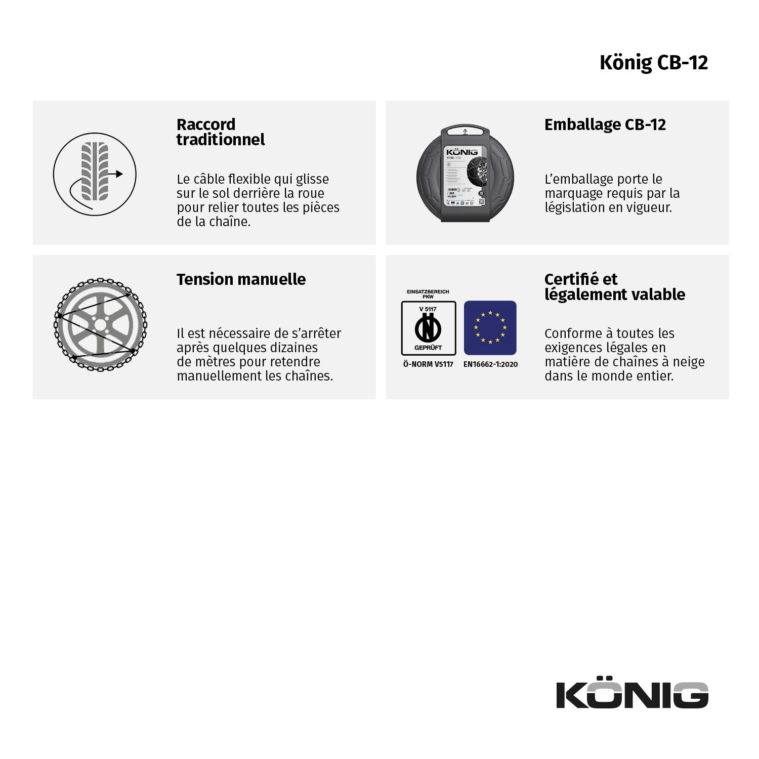 KÖNIG CB-12 104 - Chaînes à Neige, Set de 2