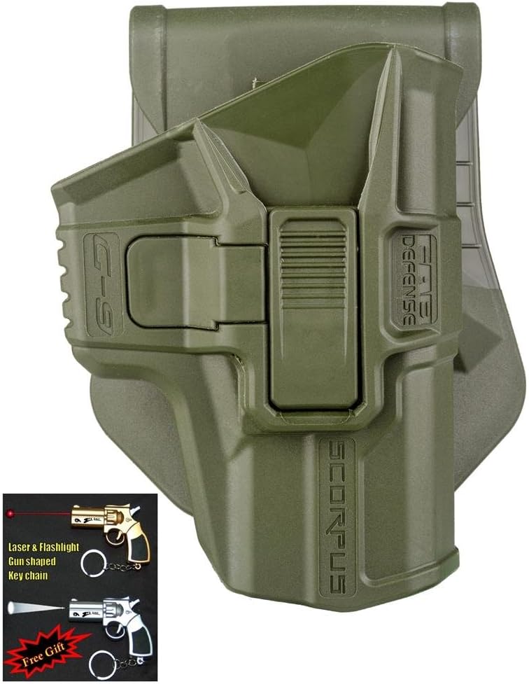 FAB Defense G-9R Retention SCORPUS Pistol Holster Glock 17,18,19,22,23,25,31,32, 9mm Level 1 Paddle&Belt In Black / Tan / Green Color Right Hand + Laser & Flashlight Gun Shaped Key Chain (OD Green)