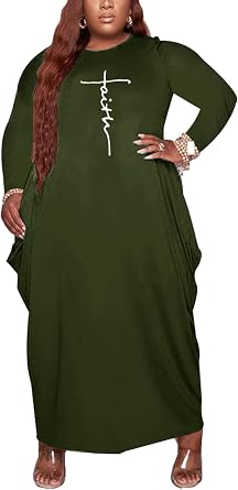 Womens Casual Loose Plus Size Maxi Dress Graphic Print Long Sleeve Baggy Long T-Shirt Tunic Dress with Pockets