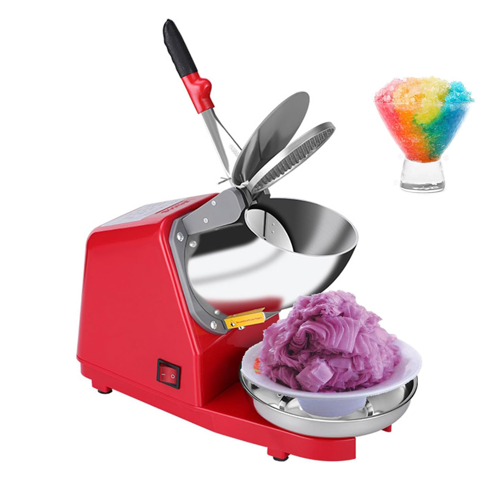 Máquina trituradora de hielo eléctrica de 300 W, máquina de hielo afeitado de 2200 rpm, salida de 65 kg/h, máquina de cono de nieve de doble hoja de acero inoxidable para el hogar y el negocio