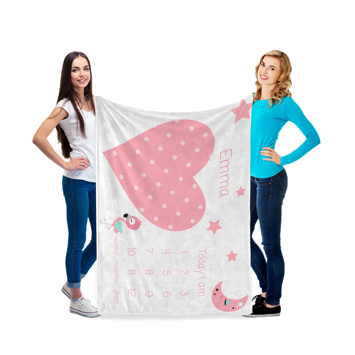 Coperta per bambini con data delle pietre miliari e motivo a forma di cuore, coperta per neonati, coperta con giorni del mense, regalo per ragazze (pois rosa)