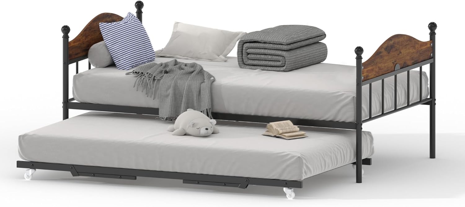 Daybed with Trundle, Metal Twin Bed Frame with Pop Up Foldable Trundle Bed, Sofa Bed Frame with Stylish Headboard, Heavy Duty Steel Slats Platform for Living Room, Bedroom and Guest Room, Brown