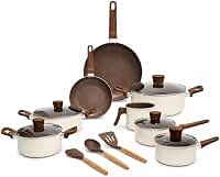 Jogo de Panelas de Ceramica Calcarea 10 Peças Antiaderente (Terracota) | com Indução e Tampas de Vidro Conjunto Completo Utensílios Inclusos Oikos