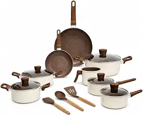 Jogo de Panelas de Ceramica Calcarea 10 Peças Antiaderente (Terracota) | com Indução e Tampas de Vidro Conjunto Completo Utensílios Inclusos Oikos