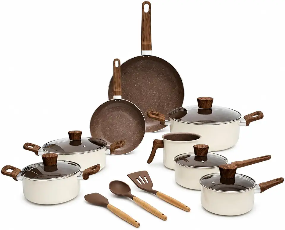 Jogo de Panelas de Ceramica Calcarea 10 Peças Antiaderente (Terracota) | com Indução e Tampas de Vidro Conjunto Completo Utensílios Inclusos Oikos