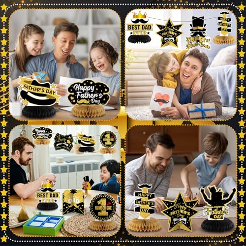 Image of 12 Pcs Father's Day Decorations Honeycomb Black and Gold Father's Day Centerpieces for Table Best Dad Ever Table Topper for Home Office Birthday Honeycomb Supplies Decor