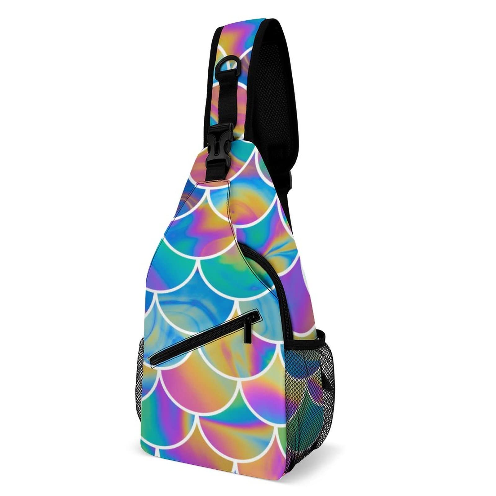 Ahdyr Colorful Scale Summer Sling Bag Crossbody for Women Men Lightweight Adjustable Extender Strap Bulingling Shoulder Backpack with Water Bottle Holder Casual Daypack for Hiking Travel