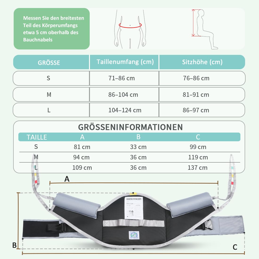 Gepolsterte Sitz-zu-Stand-Hebeschlinge mit Rückenstütze, extra dicke Aufstehhilfe für Rehabilitation und Mobilität im Alter (Black, groß)