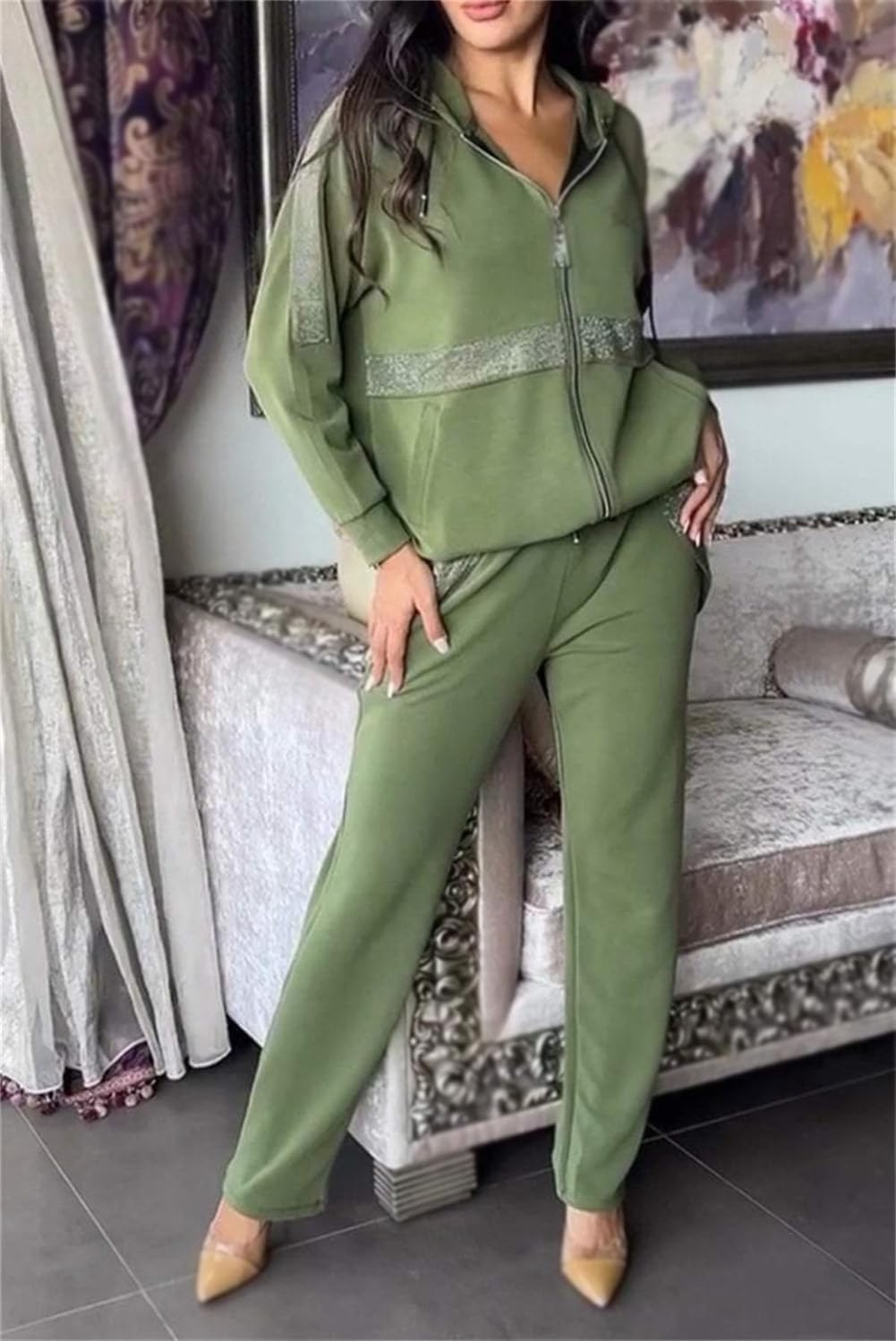 Damski cekinowy zdobiony jednolity kolor na co dzień 2-częściowy zestaw, bluza z kapturem zapinana na zamek bluza z kapturem joggery spodnie dresowe zestawy (czarny, 3XL), Czarny, 3XL
