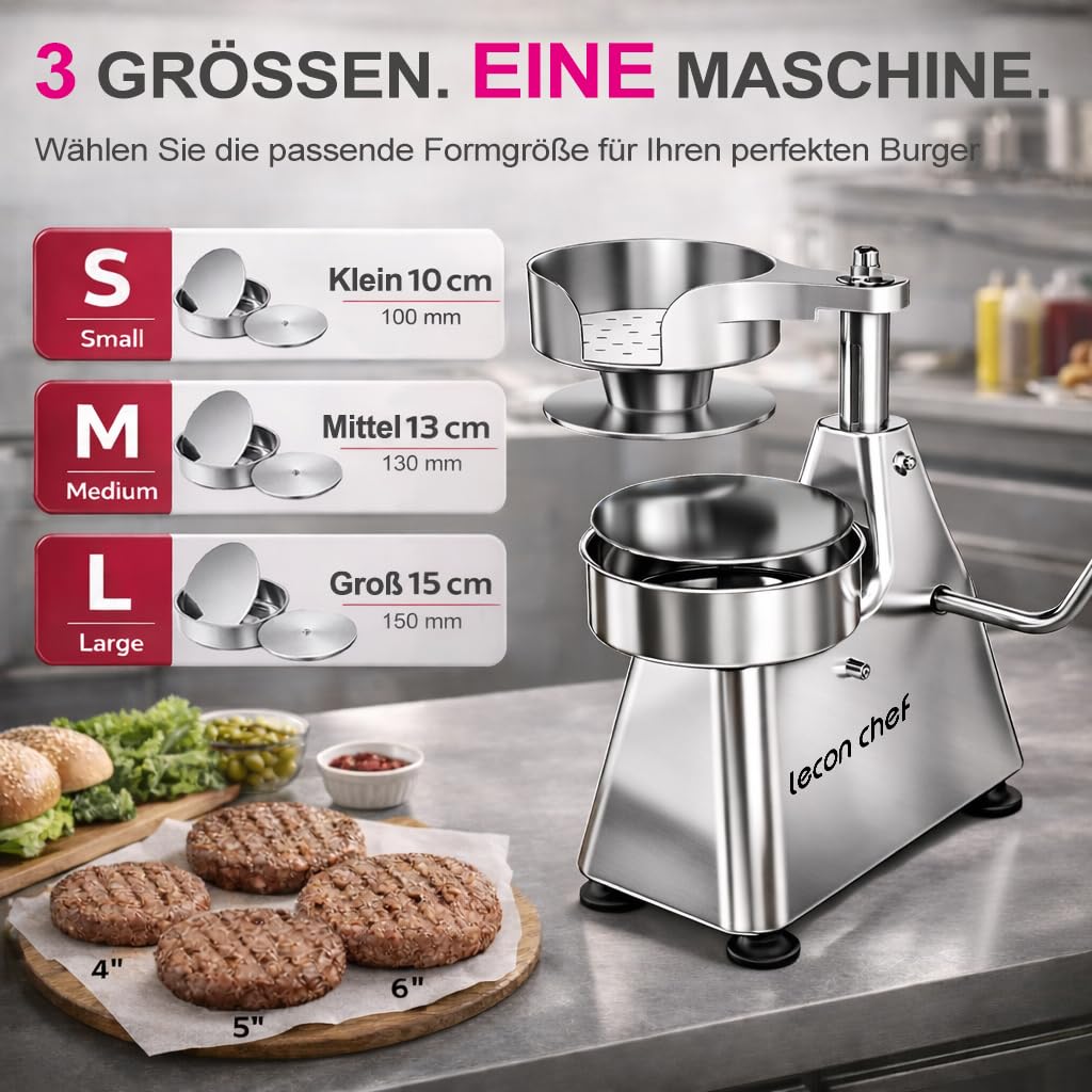 Burgerpresse Edelstahl 3 Umwandelbaren Formen 100/130/150mm, Manueller Burger Patty Presse mit 1200 Patty-Papieren